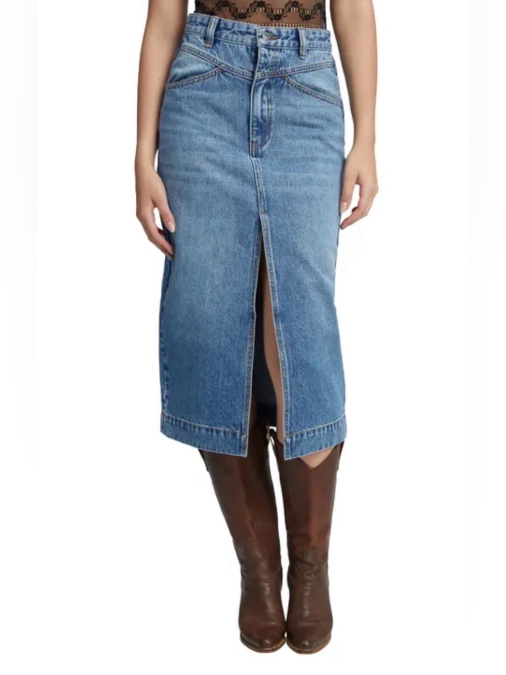 Bardot Blue Denim Midi Skirt with Front Slit
